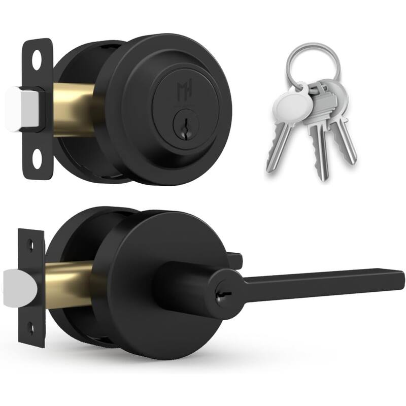 Mega Handles RALPH Round Entry Door Lever & Round Single Cylinder Deadbolt Lock Combo | Reversible | Heavy Duty | Modern Design -  Reversible Handing|Matte Black