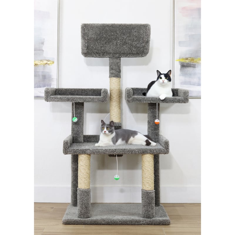 56" Extra Large Multi-Level Cat Tree with Spacious Perches, Raised Edges and Sisal Rope Posts for Big Indoor Cats