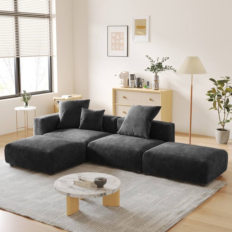 L-shaped Modular Sectional Sofa Corduroy Upholstered Couch with Chaise Ottoman and 3 pillows - Black