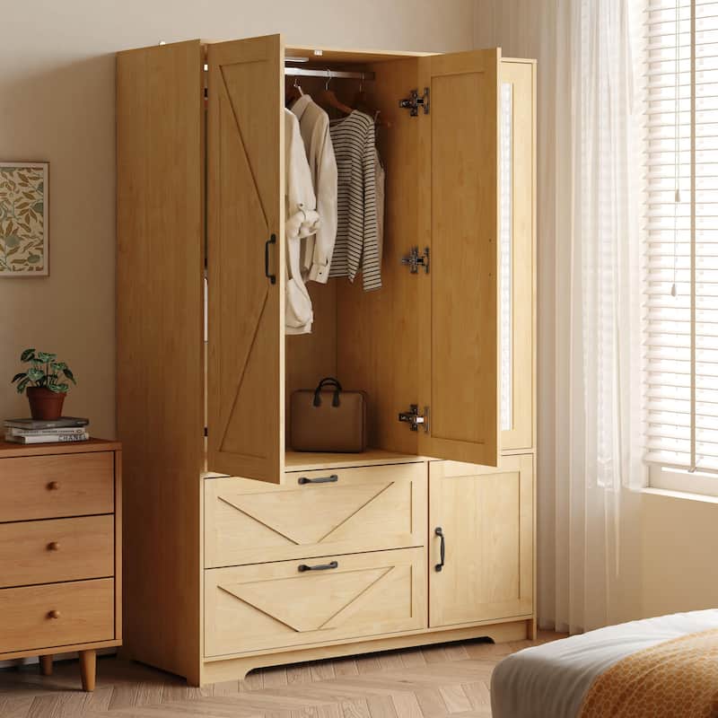 LED Wardrobe Cabinet Bedroom Tall Armoire with Mirror, Folding and Hanging Areas