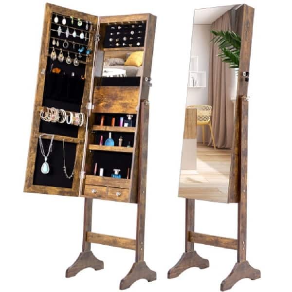 slide 1 of 7, Fashion Simple Jewelry Storage Mirror Cabinet With LED Lights,For Living Room Or Bedroom Antique Brown
