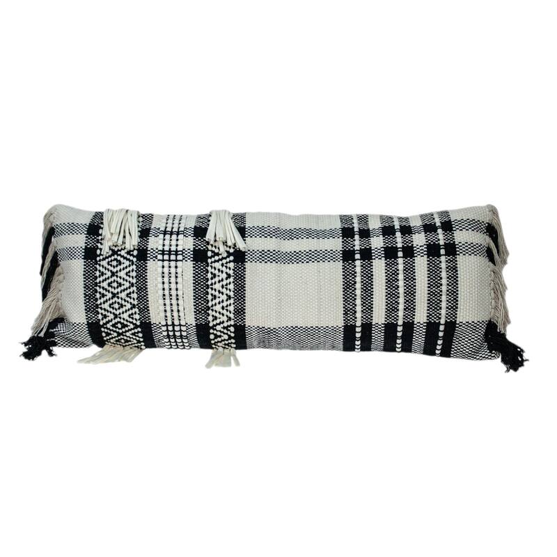 HomeRoots 12" X 35" Black and White Plaid Cotton Lumbar Throw Pillow With Fringe