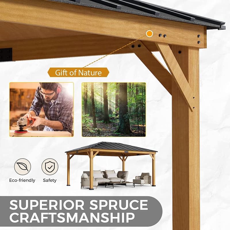 Hardtop Wood Gazebo for Patio, Outdoor Cedar/Spruce Pergola with Metal or Asphalt Roof, All-Weather Backyard Shelter