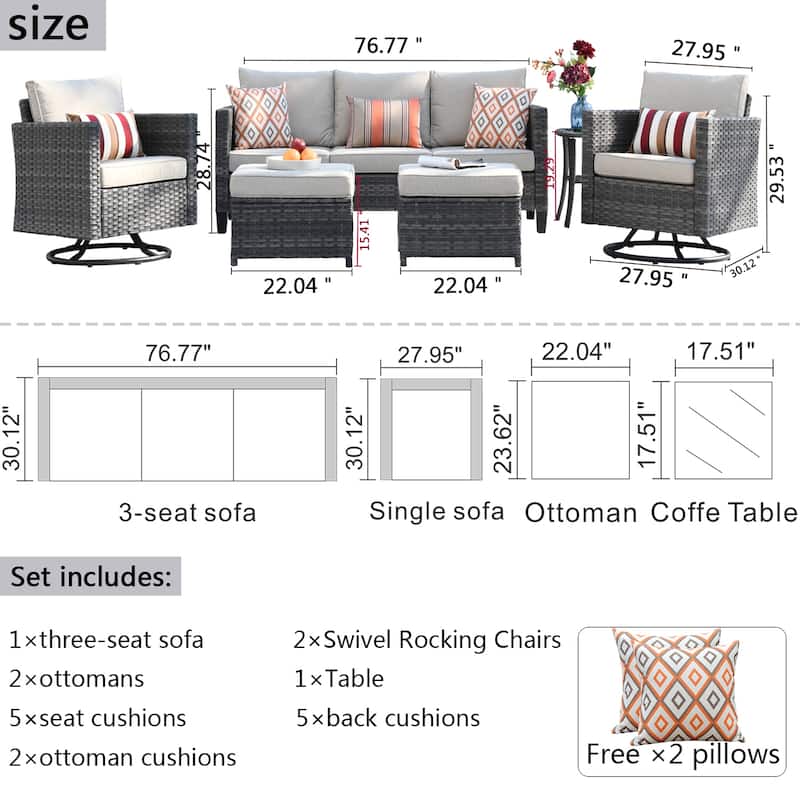 OVIOS 6-piece Patio Wicker Conversation Sofa Set with Swivel Rocking Chairs