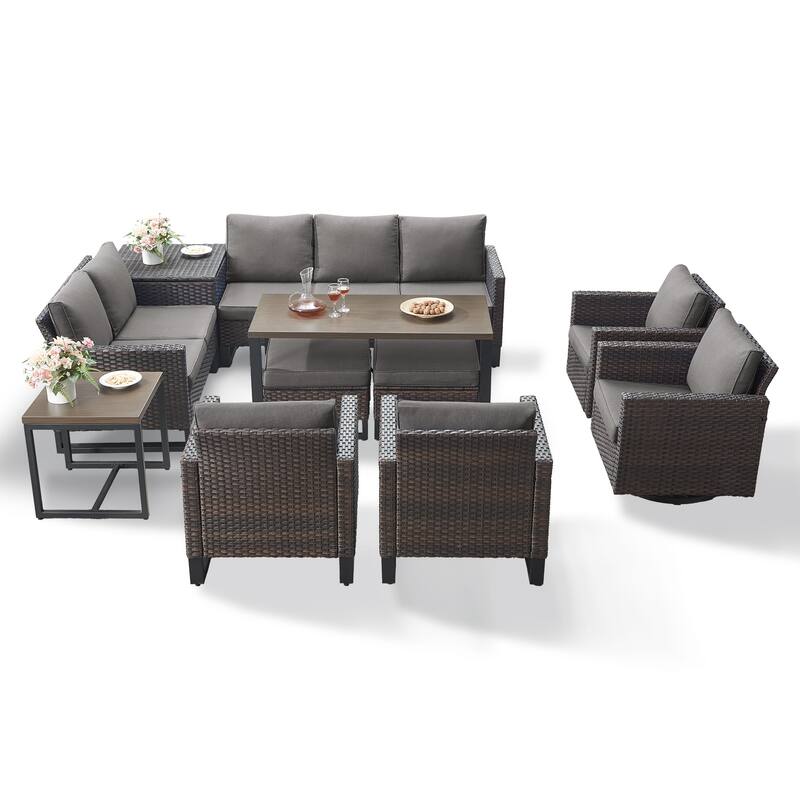 Gymojoy 9-11 Person Outdoor Courtyard Wicker Family Party Conversation Set Group With Swivel Chairs And 52" Table