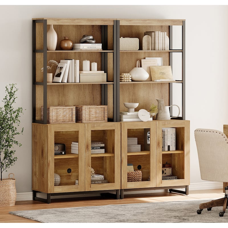 2 PCS Modern 72" Tall Bookcases with Glass Doors and Adjustable Shelves for Home Office, Living room.