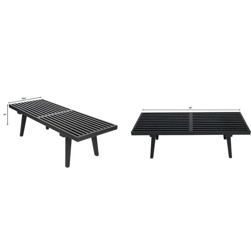 60" Solid Wood Platform Bench Rubberwood Rectangular Entryway Vanity Bench with Slatted Design for Home Office Living Room