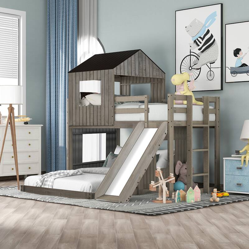 Twin Over Twin Bunk Bed with Slide and Ladder, Playhouse Bedframe with House Roof, Window and Safety Guardrails for Kids/Bedroom