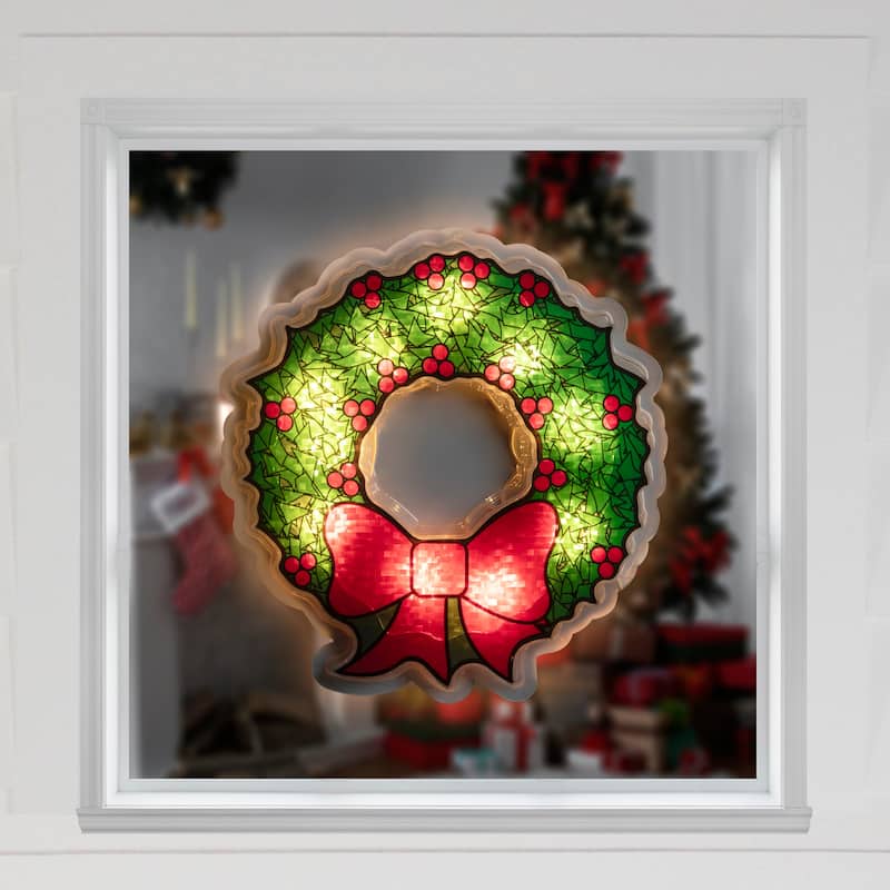 11" GreenRed Lighted Wreath Christmas Window Silhouette Decoration