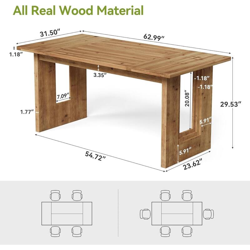 63-Inch Solid Wood Dining Table for 6 People for Dining Room, Living Room, Brown
