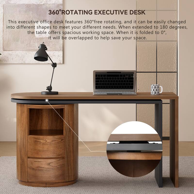 59"L Shaped Desk in Walnut with 2 Drawers,Open storage,360°Wood Rotating Desk,Executive Office Desk,Office Study Workstation