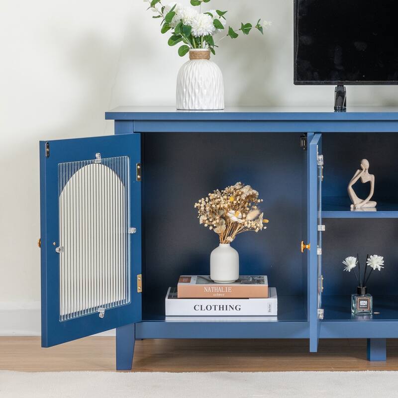 Stylish TV Stand with 4 Glass Doors, TV Console Table Entertainment Center w/ Storage Shelves, Modern TV Cabinet for Living Room