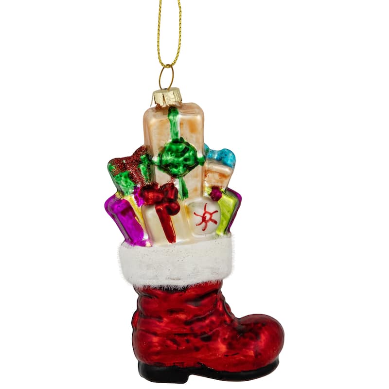 5" Shiny Red Present Filled Stocking Hanging Glass Christmas Ornament