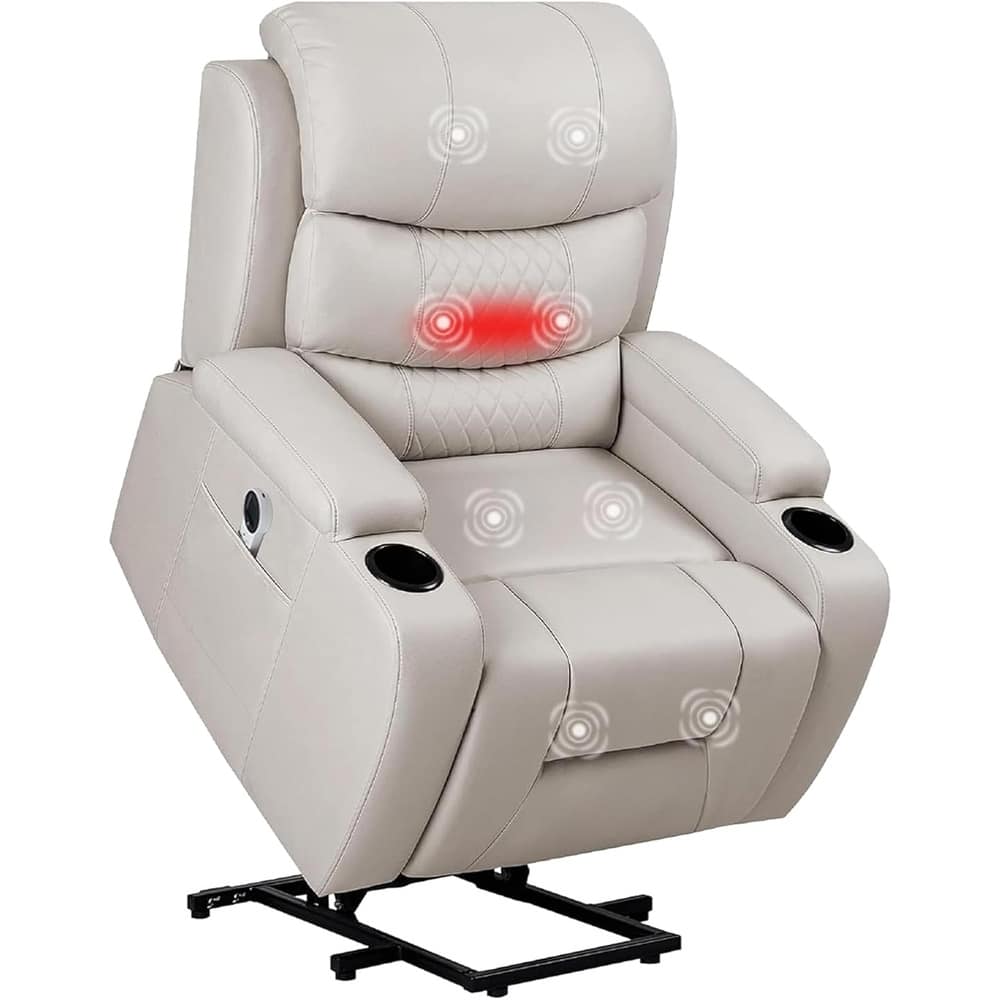 EROMMY Oversized Power Lift Recliner with Massage & Heat - PU Leather Chair with Pockets & Cup Holders