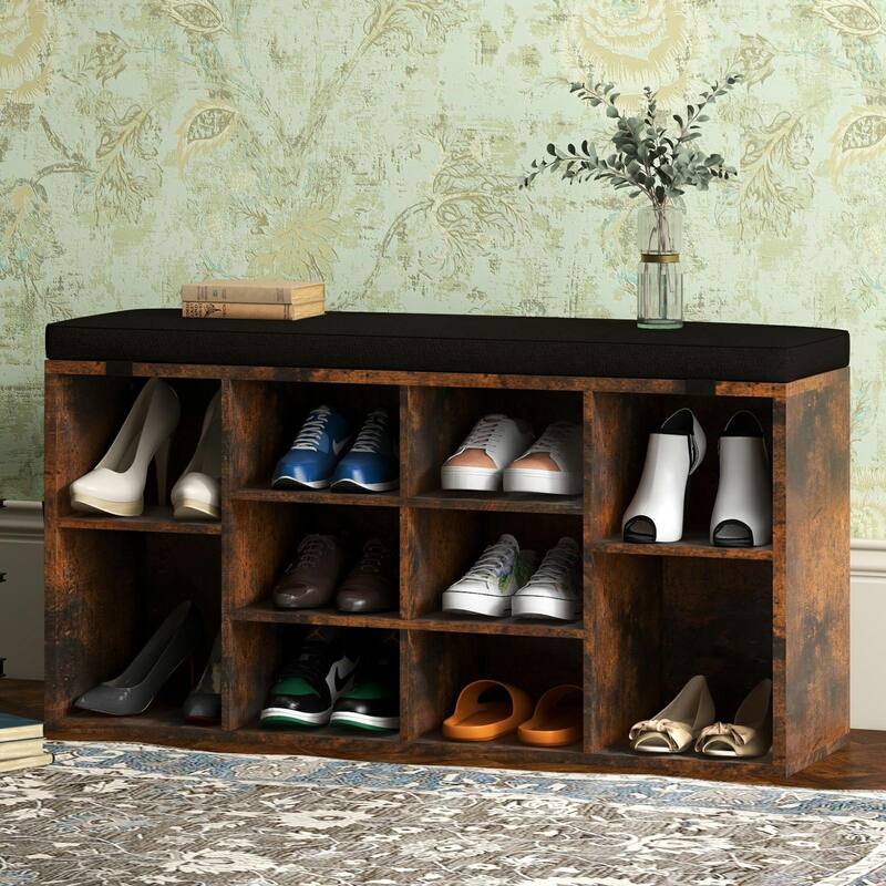 Entryway Shoe Bench with Storage, Padded Seat 40.9 inch - Brown
