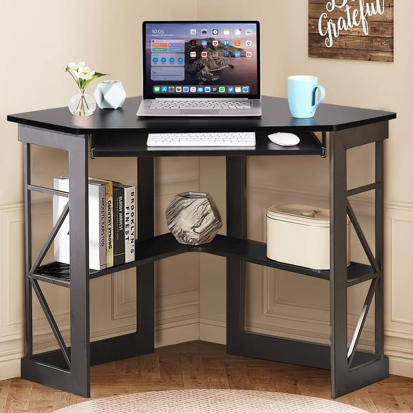 VECELO Triangular Corner Desk with Keyboard Tray Space Saving Metal ...