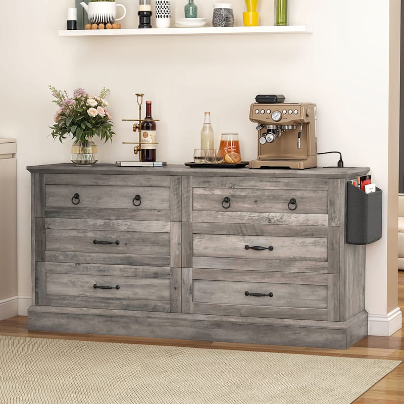 Farmhouse 6 Drawer Dresser, TV Stand, Chest of Drawers With Charger Station And Side Pocket - Grey