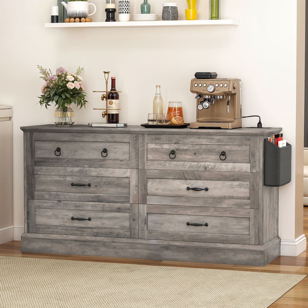 Farmhouse 6 Drawer Dresser, TV Stand, Chest of Drawers With Charger Station And Side Pocket