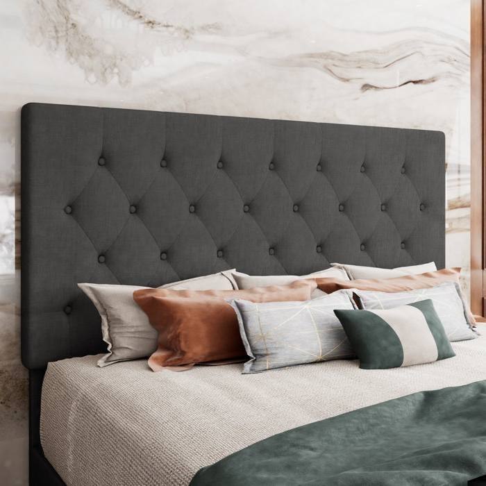 Low Profile Grey Linen Platform Bed with Button Tufted Headboard