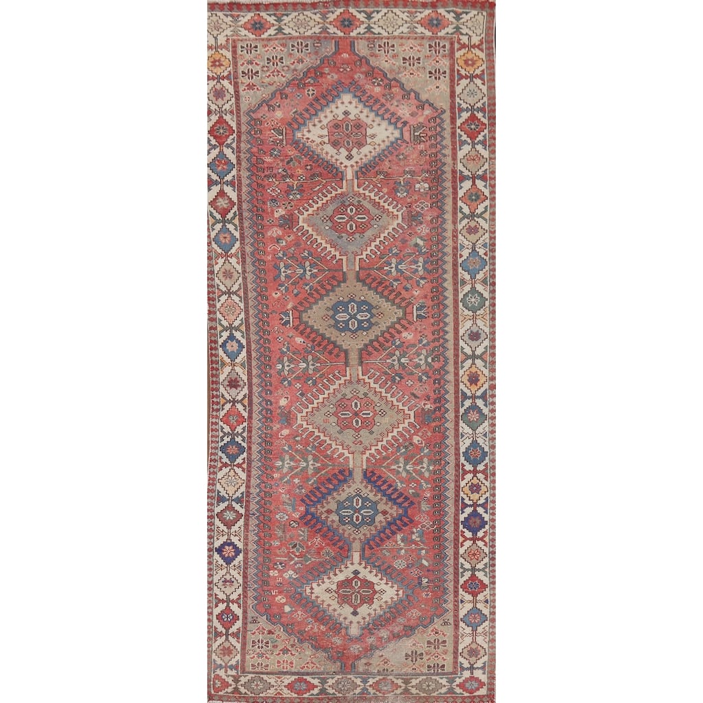 Distressed Bakhtiari Persian Vintage Runner Rug Handmade Wool Carpet - 3'5" x 9'10"