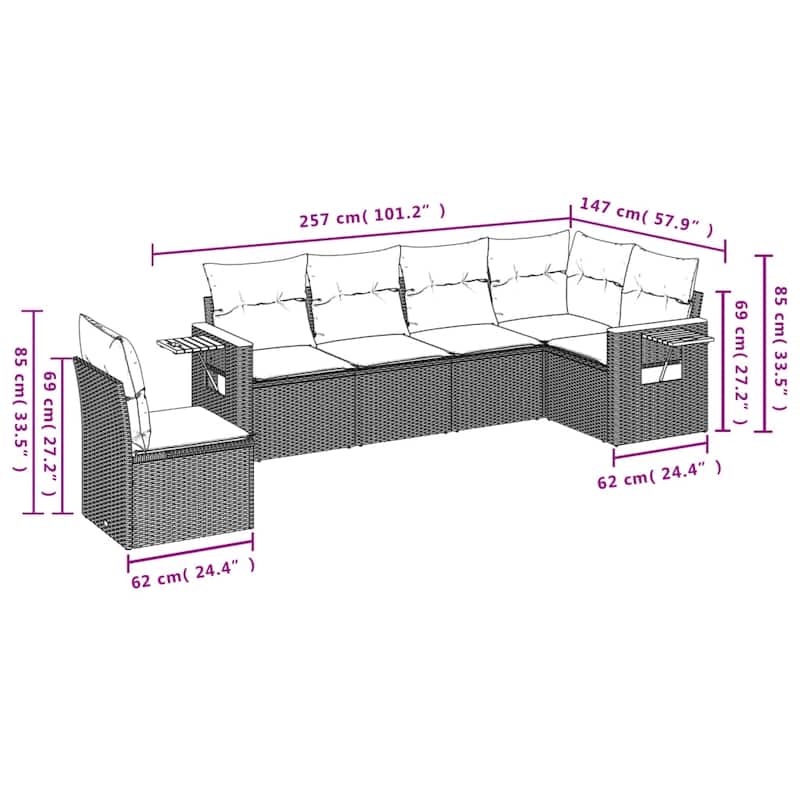 vidaXL 6 Piece Patio Sofa Set with Cushions Black Poly Rattan
