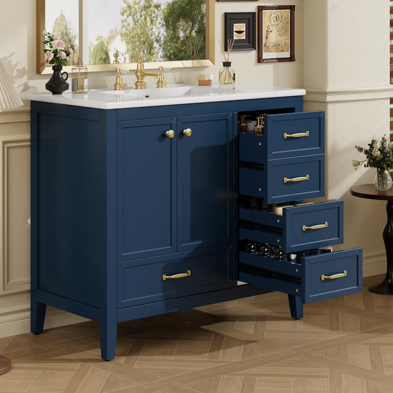 Single Sink Bathroom Vanity Cabinet with 4 Drawers, Cabinet Base & Ceramic Basin Set, 36 Inch