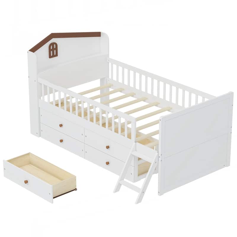Twin Bed Frame with Storage 4 Drawers,Wooden Bed Frame for Kids,Platform Twin Size Bed with Guardrail Headboard