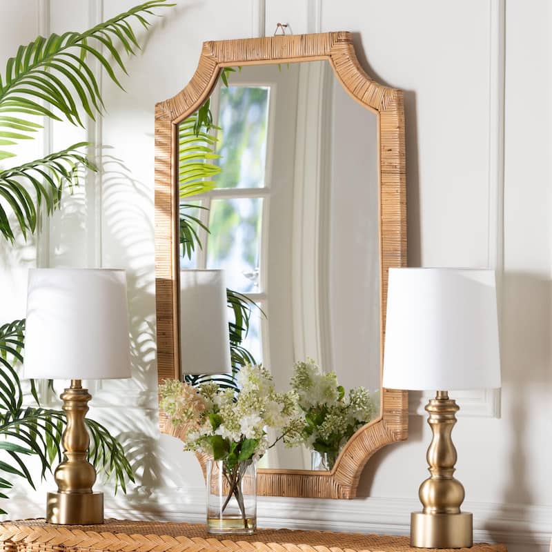 Thiago Natural Rattan Wall Mirror - Handwoven Wicker Rectangle Mirror with Scalloped Corners, Coastal Boho Wall Décor - Honey