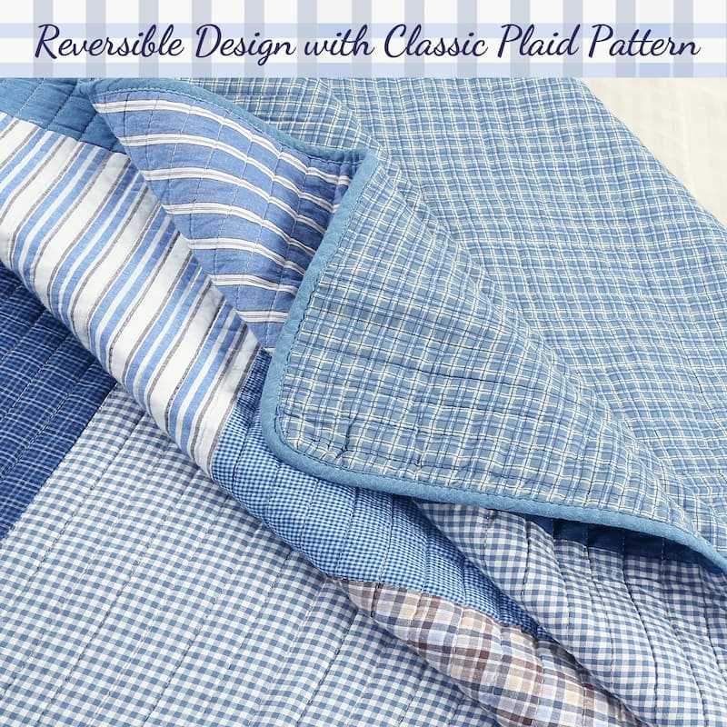 Cozy Line Blue Jean Plaid Stripe Tartan Patchwork Cotton Reversible Quilt Bedding Set