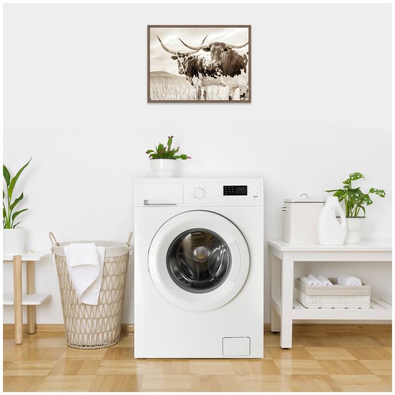 Kate and Laurel Sepia Texas Longhorn Cattle in Pasture by The Creative Bunch Studio Framed Canvas Wall Art Print