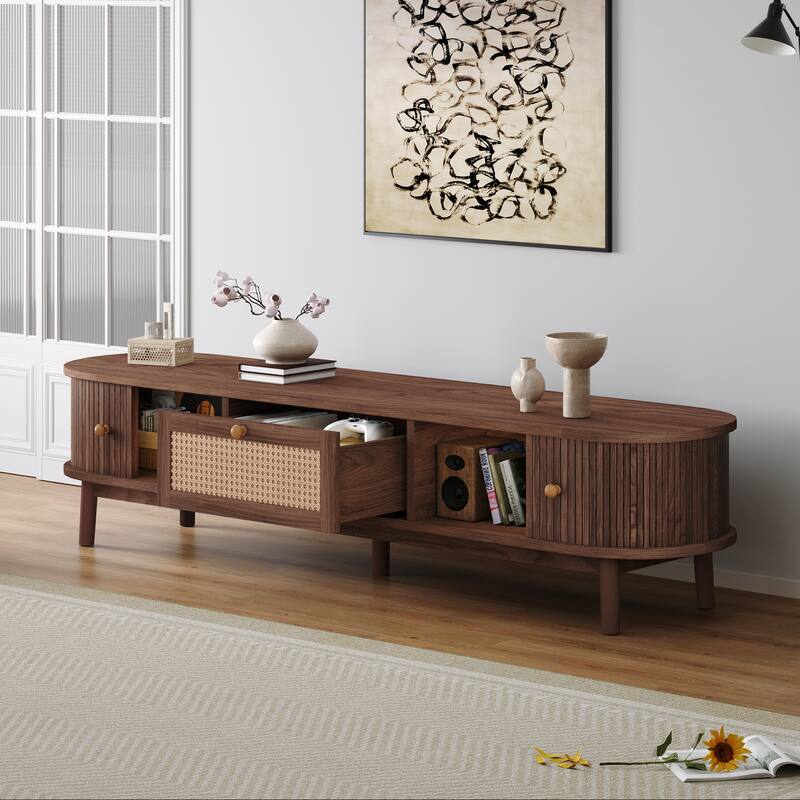 Anmytek 75 Inch Modern TV Stand Media Console Rattan Front Drawer 1 Drawer 2 Sliding Door Cabinets TV Cabinet