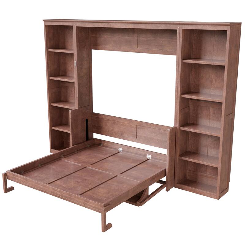 Roomfitters Full/Queen Size Murphy Bed with Desk and Bookshelf Storage, Space Saving, Dark Brown