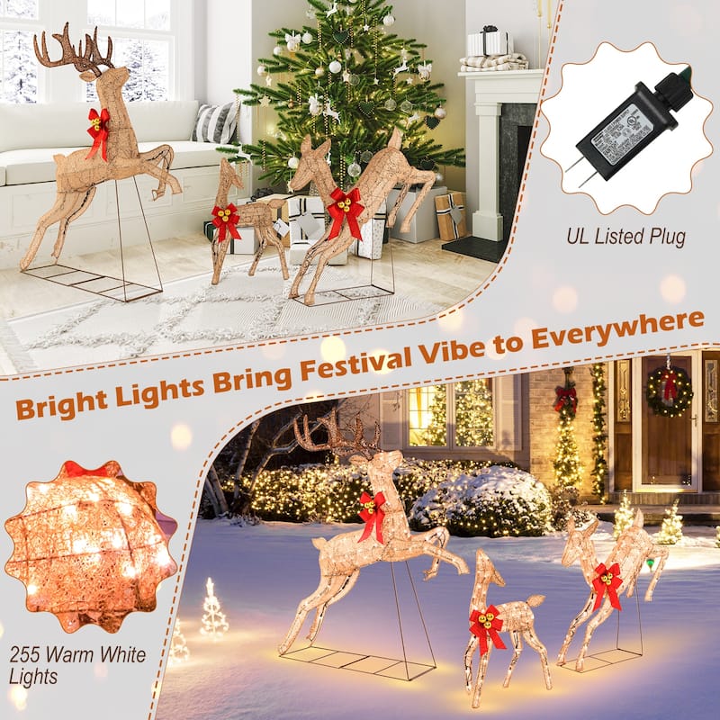 Lighted Christmas Reindeer Outdoor Decoration 3 Piece Glitter Set with LED Lights and Red Bows