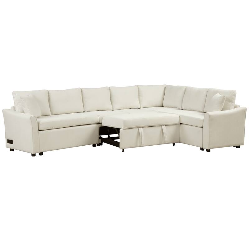 L-shaped Sofa Convertible Sofa Bed Pull Out Sofa Sleeper with Two Back Pillows, Two USB Ports and Two Power Sockets