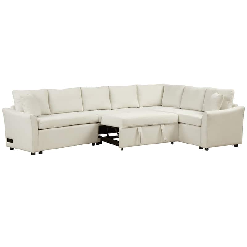 Roomfitters L-Shaped Convertible Pull-Out Sofa Bed with Two Back Pillows, USB Ports, and Power Sockets