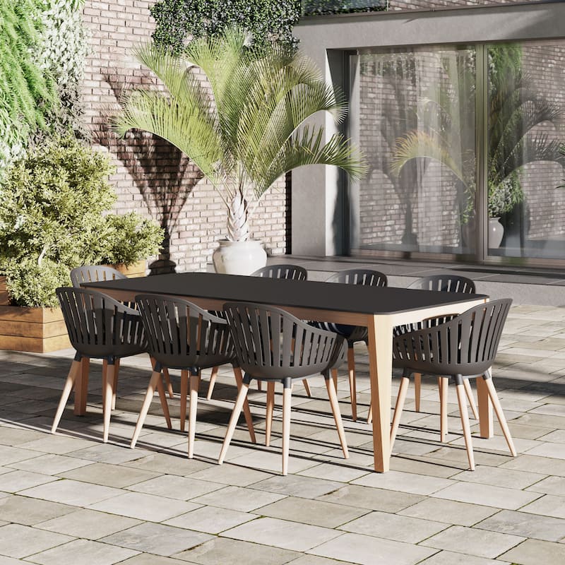 Amazonia 9pc Outdoor Patio Manthe Dining Wood Set - Black Table and Black Chairs with Wood Legs
