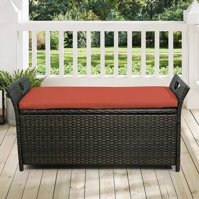 Patio Wicker Storage Bench with Red Cushion
