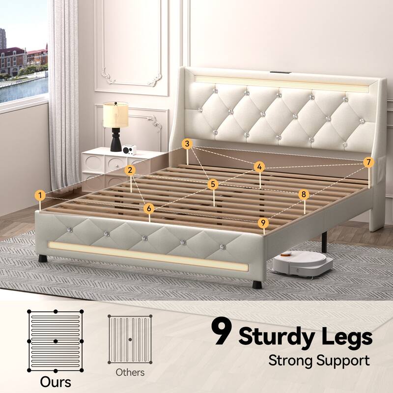 Full Size Upholstered Platform Bed Frame with Headboard, LED Lights, Charging Station, and Storage