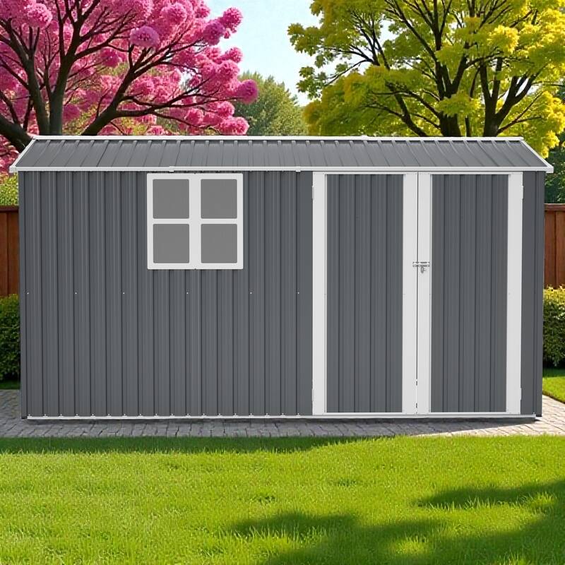 8x12 FT Outdoor Metal Storage Shed with Window, Lockable Hinged Doors and 4 Vents, Heavy Duty Steel Shed