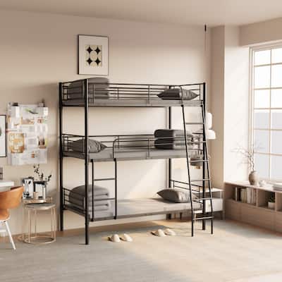 Triple Twin Metal Bunk Bed with Guardrails and Ladders, Convertible Design, Detachable into Three Separate Beds