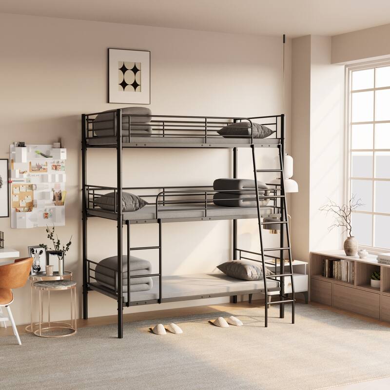 Twin Size Metal Triple Bunk Bed with Guardrails and Dual Ladders, Convertible to 3 Separate Beds - Black
