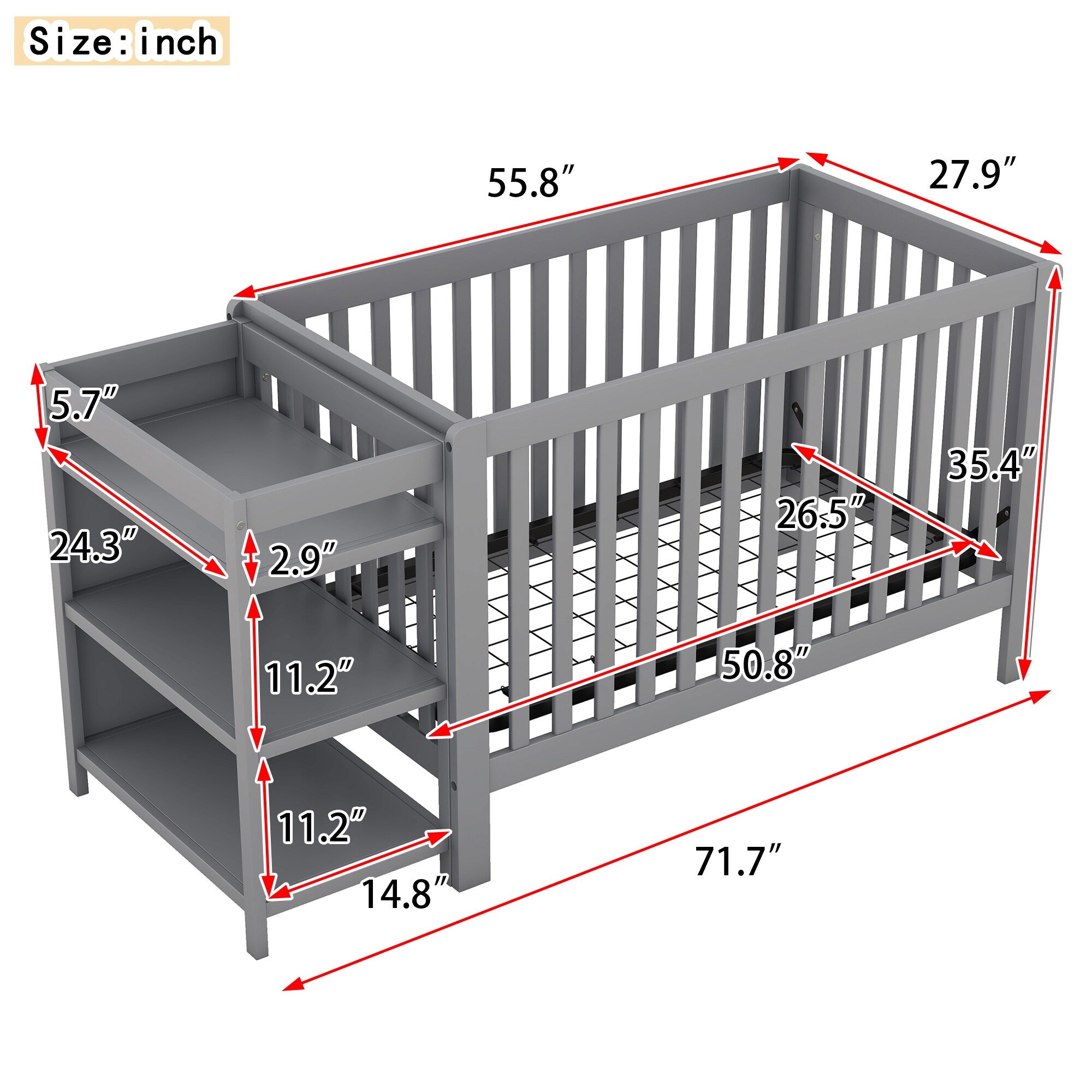 Gray Convertible Crib Full Size Bed with 3 Layers Changing Table Adjustable Height and Guardrails On Sale Bed Bath Beyond 40670007