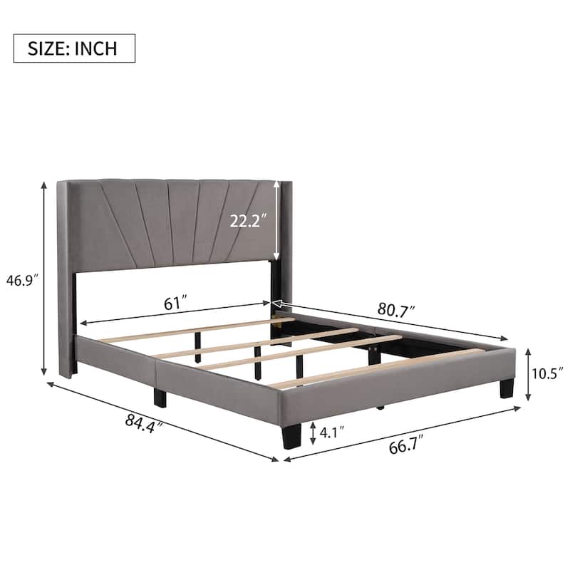 Queen Size Velvet Upholstered Platform Bed, Box Spring Needed Bed