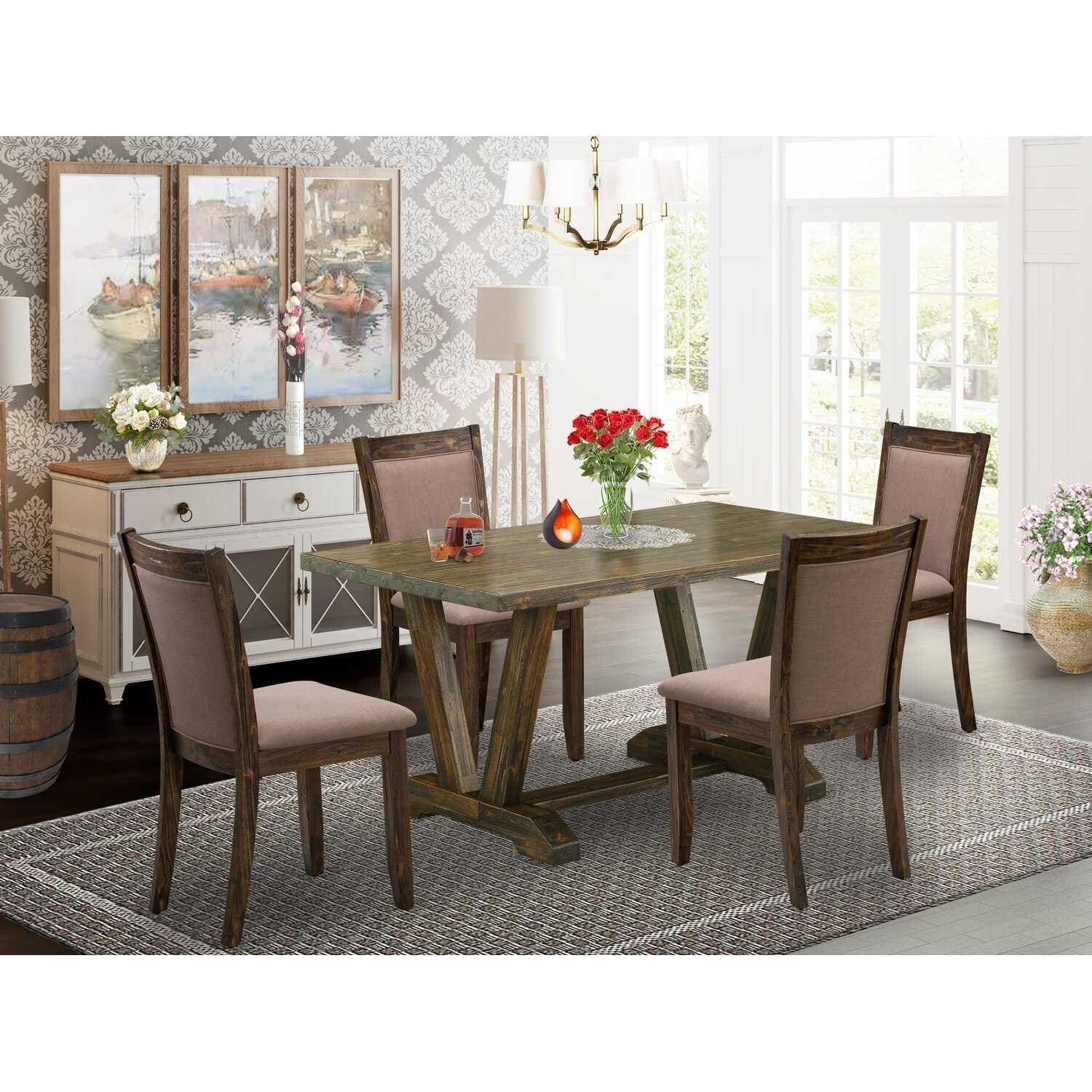 HomeStock 5-Piece Distressed Jacobean Finish Solid Wood Top Dining table with 4-Chairs