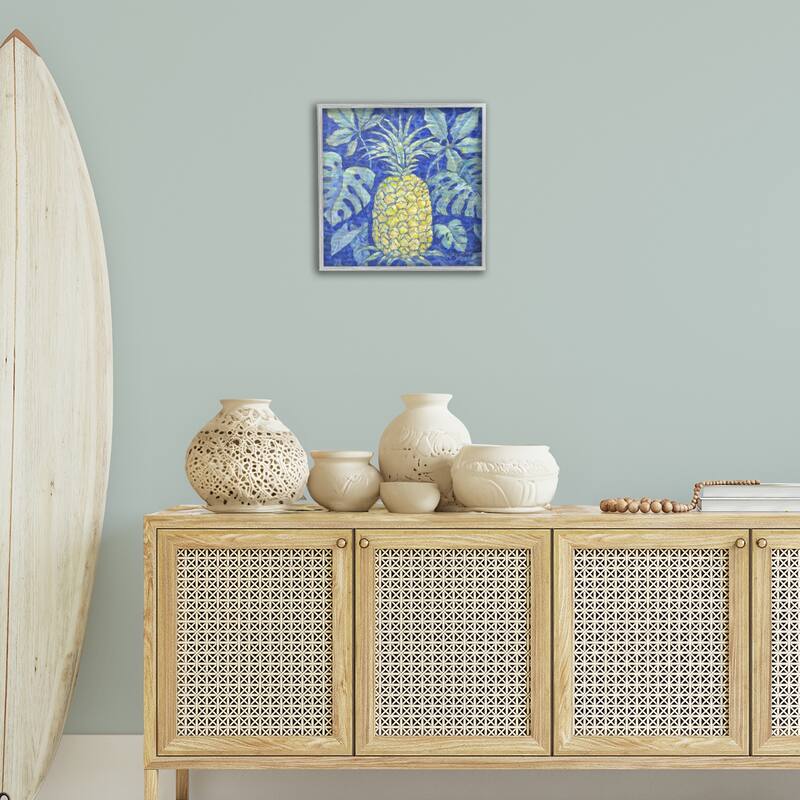 Stupell Tropical Pineapple on Blue Framed Giclee Art Design By Paul Brent