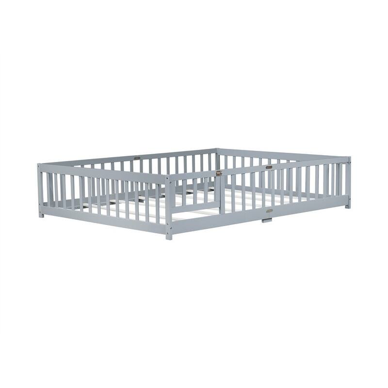 Twin/Full/Queen Size Floor Bed with Fence Guardrails and Door, Rubber Wood Toddler Bed Montessori Bed with Slats Support
