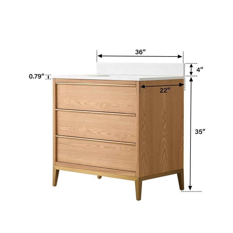 36"/48"/60" W Width Solid Wood Bathroom Vanity with Stain-resistant Carrera White Quartz Top and Sink