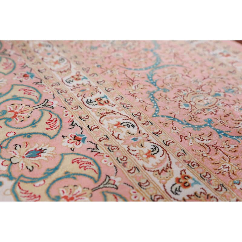 Hand Knotted Oriental 100% Silk Carpet Traditional Floral Beige & Ivories Qum Area Rug - 9' 11'' X 6' 5''