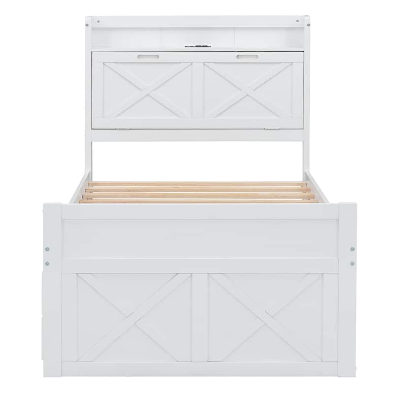 White Twin Size Extendable Wooden Platform Bed with Storage Headboard,Three Storage Drawers and Trundle
