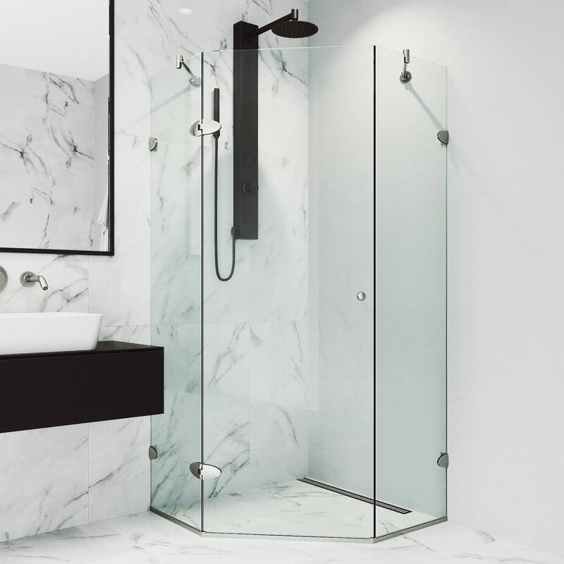 VIGO Verona Frameless Hinged Neo-Angle Shower Enclosure - 38"D x 38"W x 73"H - Brushed Nickel